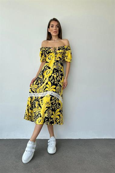 Sarı Göğüsten Bağlamalı Elbise