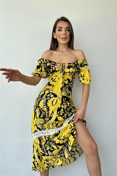 Sarı Göğüsten Bağlamalı Elbise
