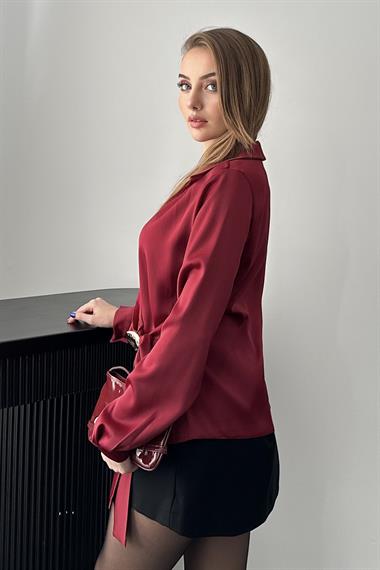 Bordo Gold Aksesuar Detaylı Saten Bluz