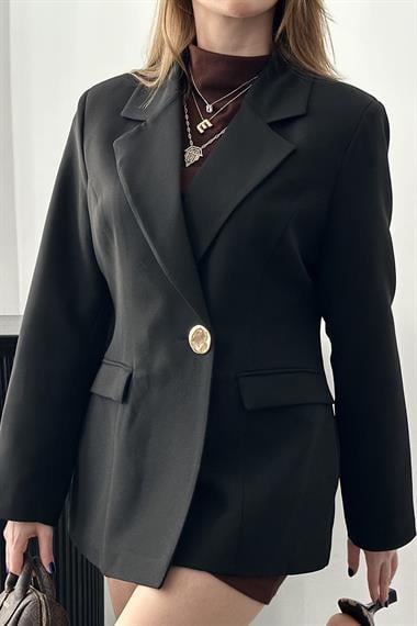 Siyah Gold Düğme Detaylı Belden Oturtmalı Blazer Ceket