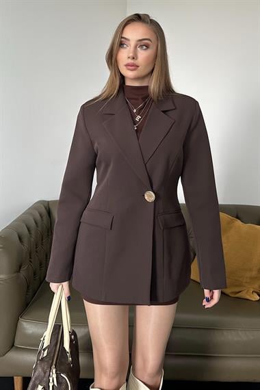 Kahverengi Gold Düğme Detaylı Belden Oturtmalı Blazer Ceket