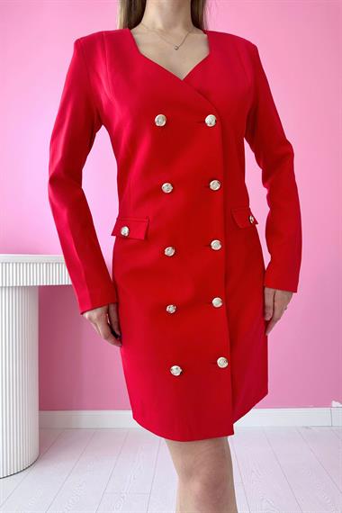 Kırmızı Gold Düğmeli Ceket Elbise