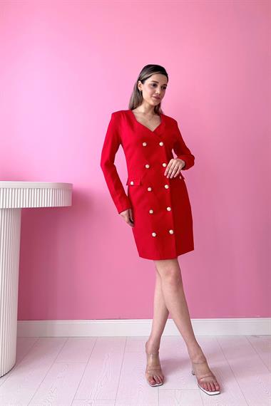 Kırmızı Gold Düğmeli Ceket Elbise