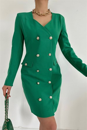 Yeşil Gold Düğmeli Ceket Elbise