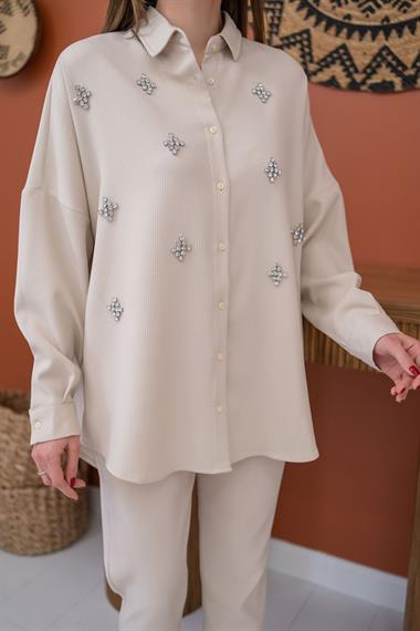 Bej Gömleği Taşlı Fitilli Takım