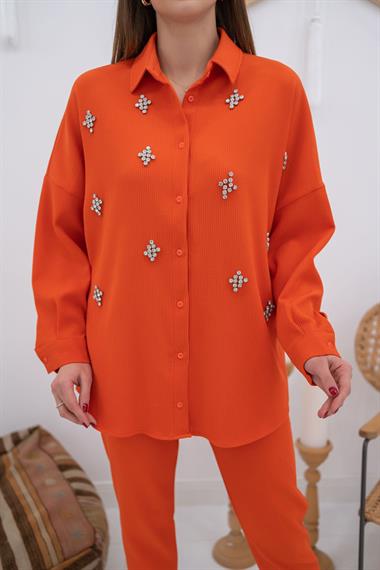 Turuncu Gömleği Taşlı Fitilli Takım