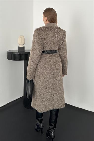 Gri Leopar Detaylı Deri Kuşaklı Kaban