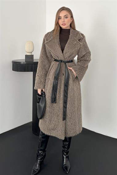 Gri Leopar Detaylı Deri Kuşaklı Kaban