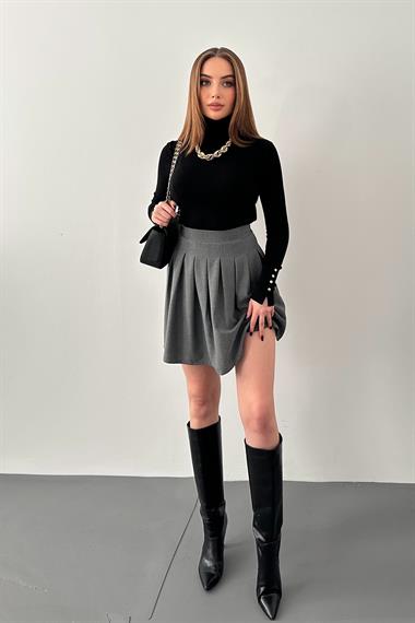 Gri Pilikaşe Mini Etek