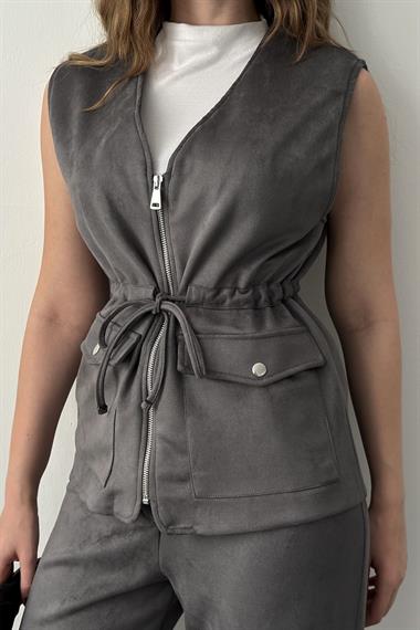 Gri Süet Yelek Pantolon Takım