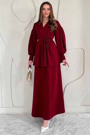 Bordo Gül Detaylı Etekli Takım