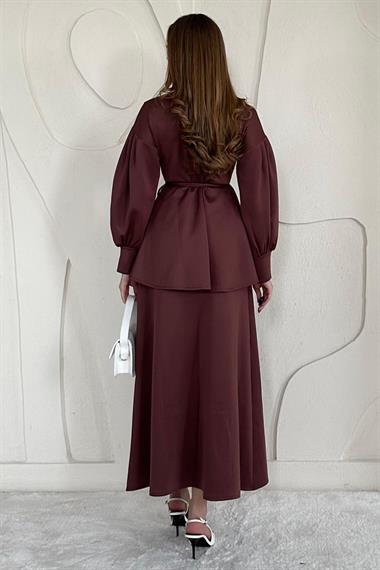 Kahverengi Gül Detaylı Etekli Takım