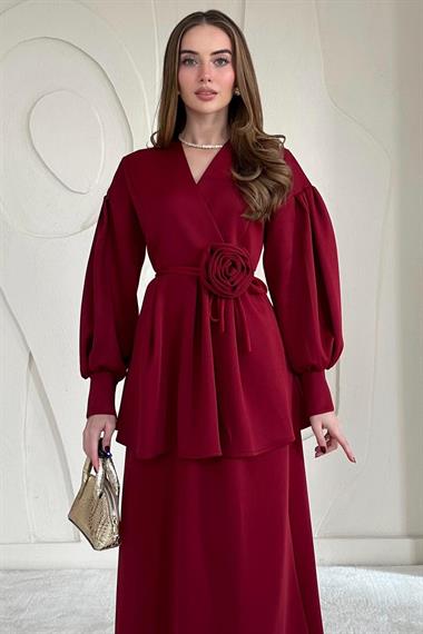Bordo Gül Detaylı Etekli Takım