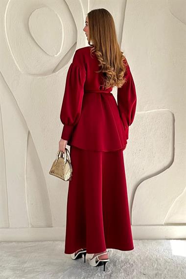 Bordo Gül Detaylı Etekli Takım