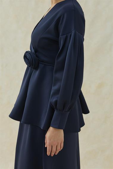 Lacivert Gül Detaylı Etekli Takım