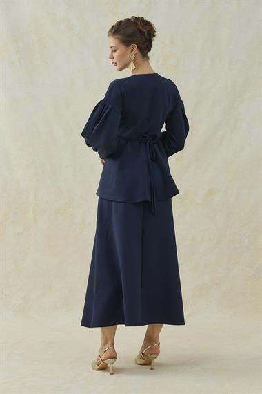 Lacivert Gül Detaylı Etekli Takım