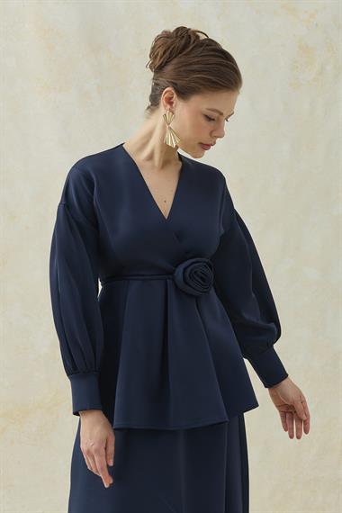 Lacivert Gül Detaylı Etekli Takım