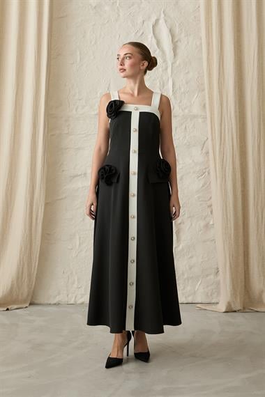 Siyah Güllü Askılı Elbise