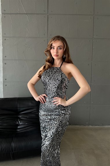 Gümüş Boyundan Bağlamalı Pul Payet Elbise