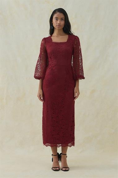 Bordo Güpür Detaylı Dantel Elbise
