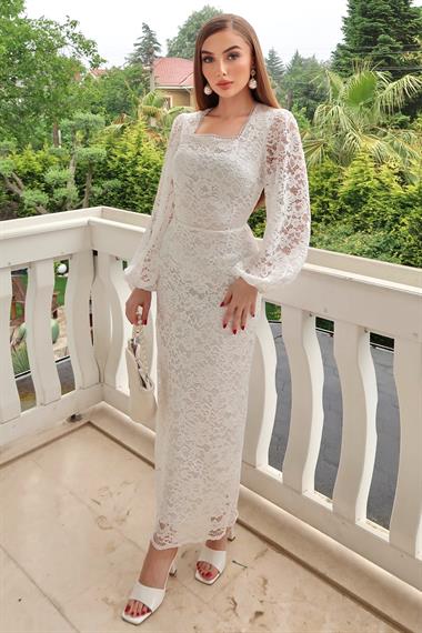 Beyaz Güpür Detaylı Dantel Elbise
