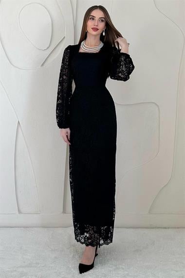 Siyah Güpür Detaylı Dantel Elbise