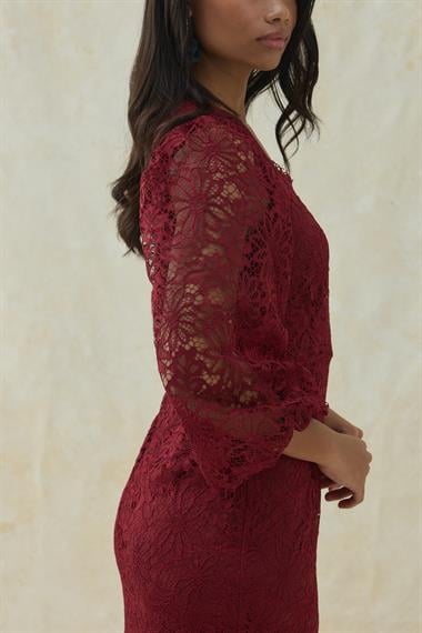 Bordo Güpür Detaylı Dantel Elbise