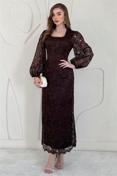 Kahverengi Güpür Detaylı Dantel Elbise