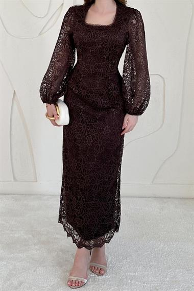 Kahverengi Güpür Detaylı Dantel Elbise