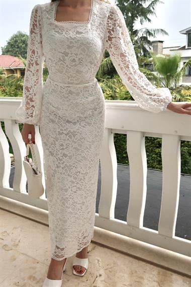 Beyaz Güpür Detaylı Dantel Elbise