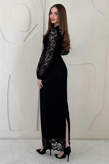 Siyah Güpür Detaylı Dantel Elbise