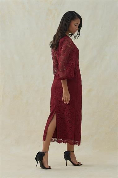 Bordo Güpür Detaylı Dantel Elbise
