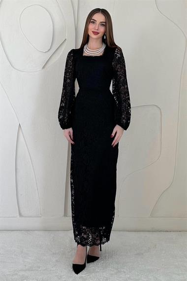 Siyah Güpür Detaylı Dantel Elbise