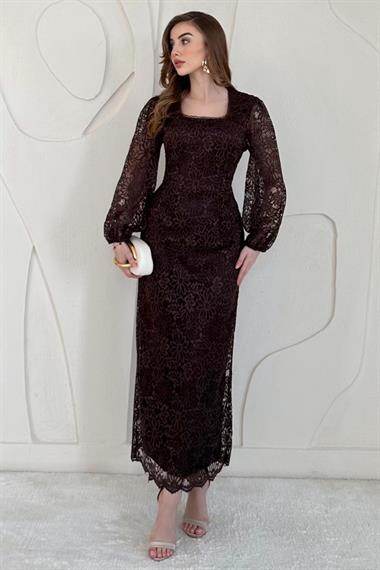 Kahverengi Güpür Detaylı Dantel Elbise