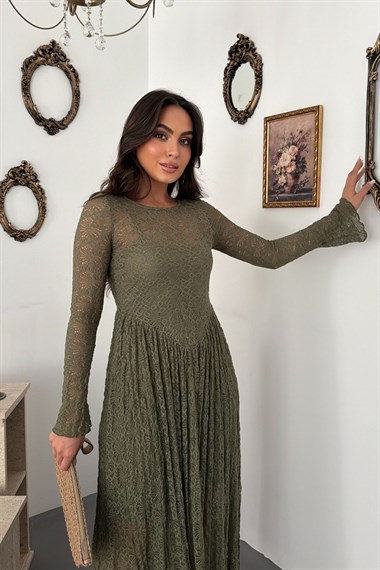 Haki Astarlı Uzun Kollu Dantel Elbise
