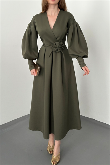 Haki Gül Detaylı Scuba Elbise