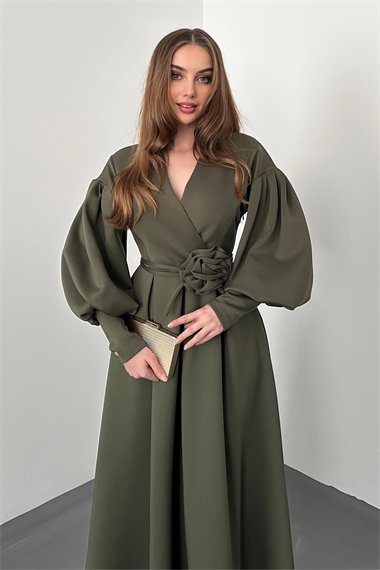 Haki Gül Detaylı Scuba Elbise