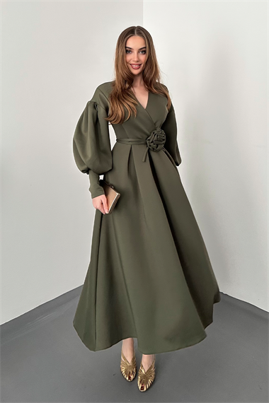 Haki Gül Detaylı Scuba Elbise