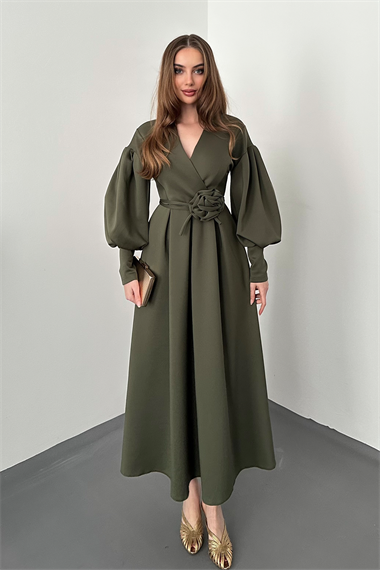 Haki Gül Detaylı Scuba Elbise