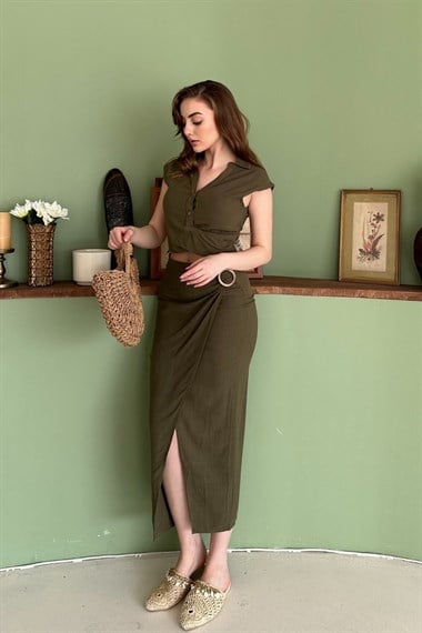 Haki Keten Crop Bluz ve Yırtmaçlı Etek Takım