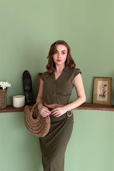 Haki Keten Crop Bluz ve Yırtmaçlı Etek Takım