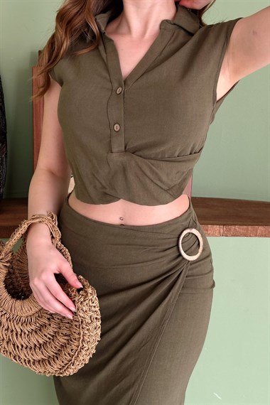 Haki Keten Crop Bluz ve Yırtmaçlı Etek Takım