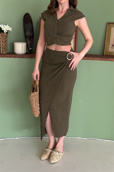 Haki Keten Crop Bluz ve Yırtmaçlı Etek Takım