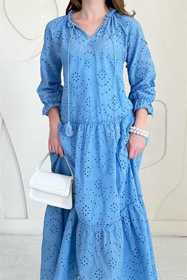 Mavi Astarlı Hakim Yaka Brode Elbise