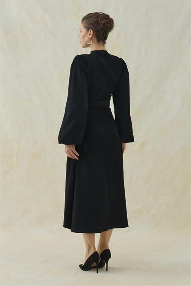 Siyah Hakim Yaka Detaylı  Kemerli Balon Kol Elbise