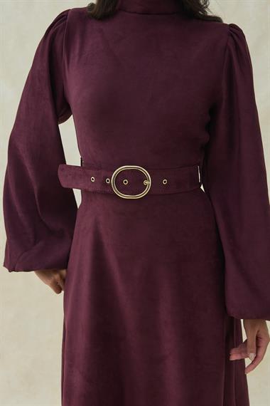 Mor Hakim Yaka Detaylı  Kemerli Balon Kol Elbise