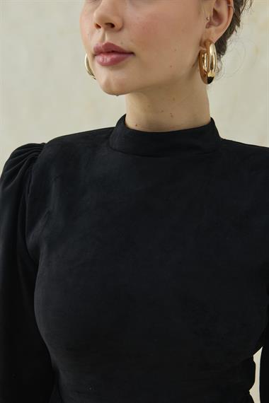 Siyah Hakim Yaka Detaylı  Kemerli Balon Kol Elbise