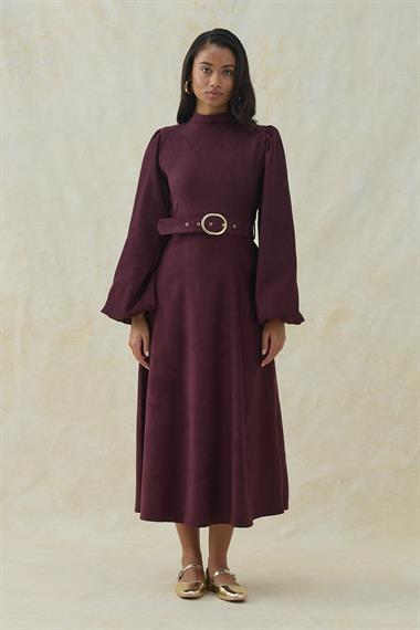 Mor Hakim Yaka Detaylı  Kemerli Balon Kol Elbise