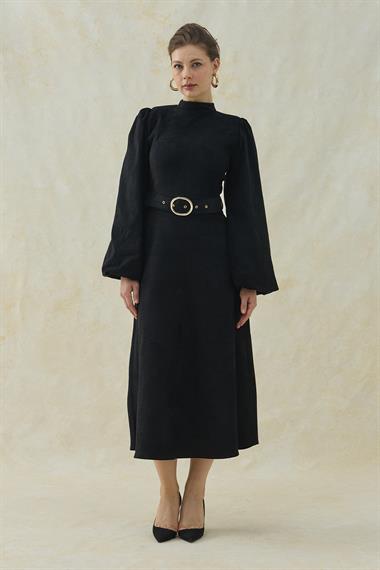 Siyah Hakim Yaka Detaylı  Kemerli Balon Kol Elbise