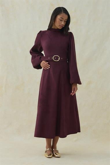 Mor Hakim Yaka Detaylı  Kemerli Balon Kol Elbise